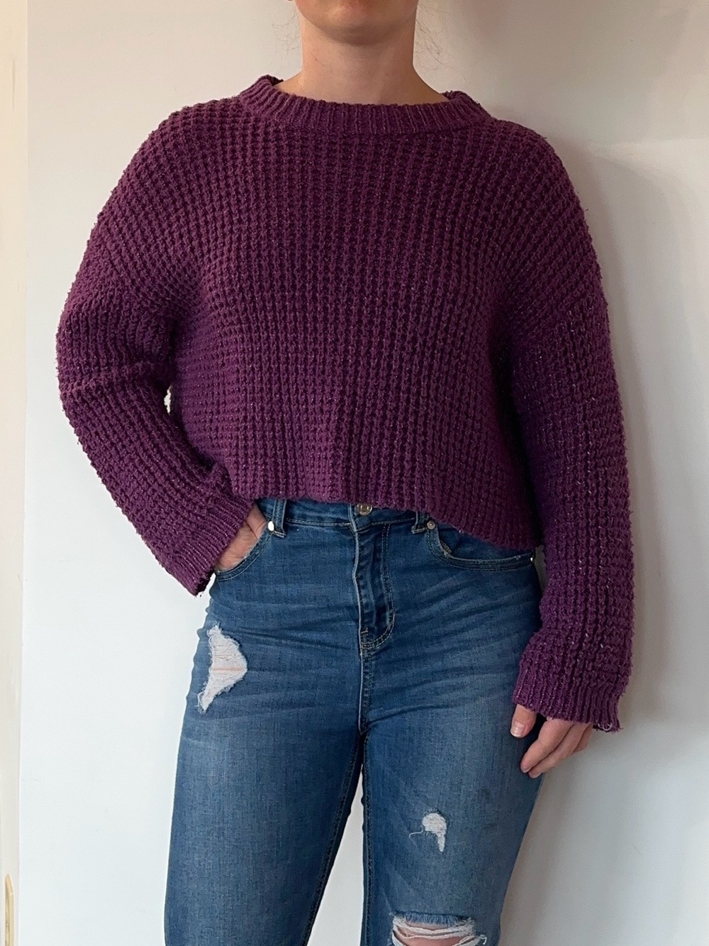 Purple Chunky Knit Cropped Sweater size Small